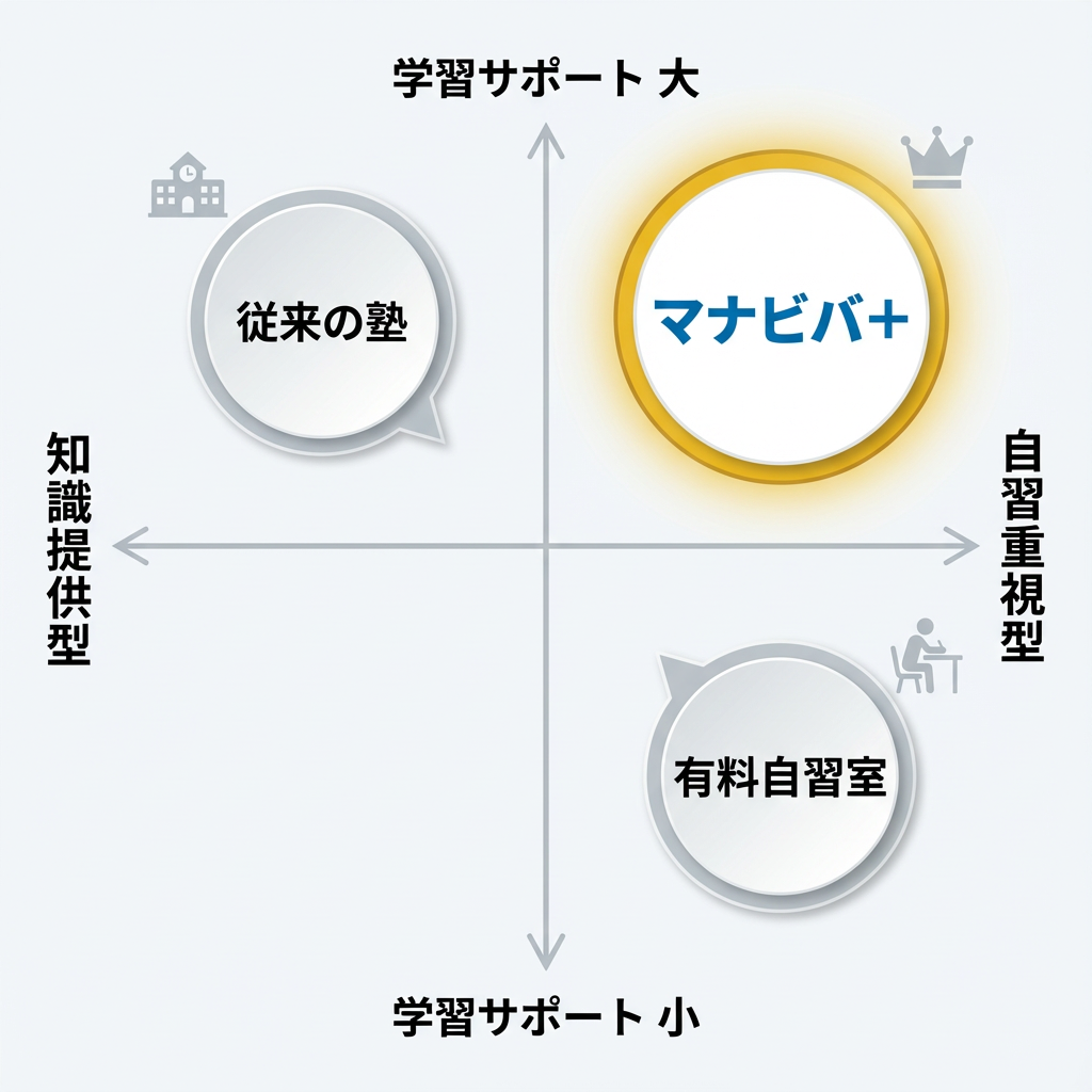 ポジショニングマップ：マナビバ＋は自習重視型×学習サポート大の領域
